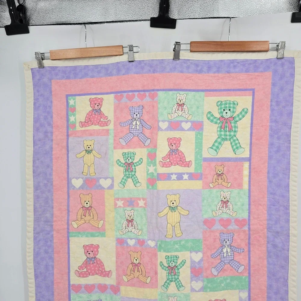 Vintage Pastel Teddy Bear Baby Quilt Reversible Patchwork Pink Purple 34x42